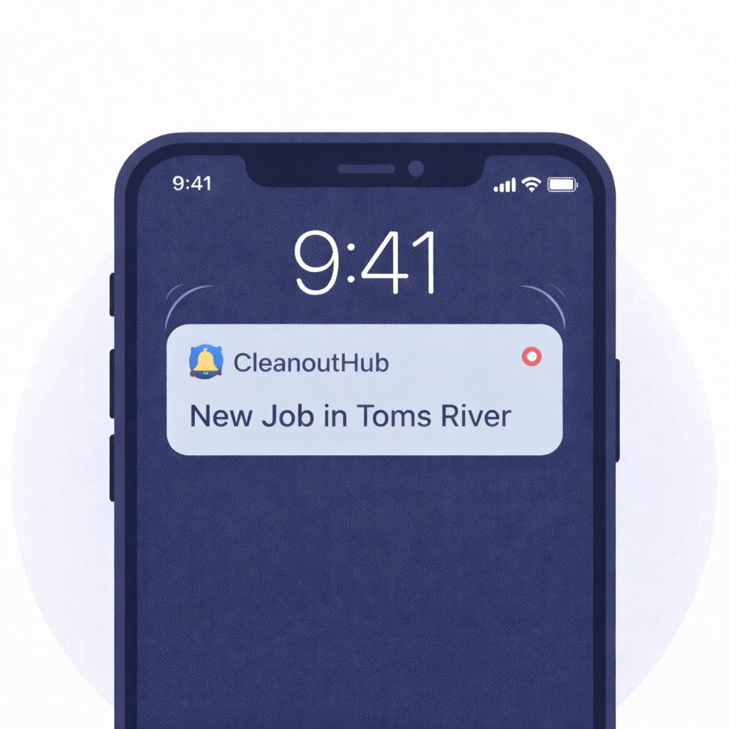 CleanoutHub mobile app notification showing new junk removal job in Toms River