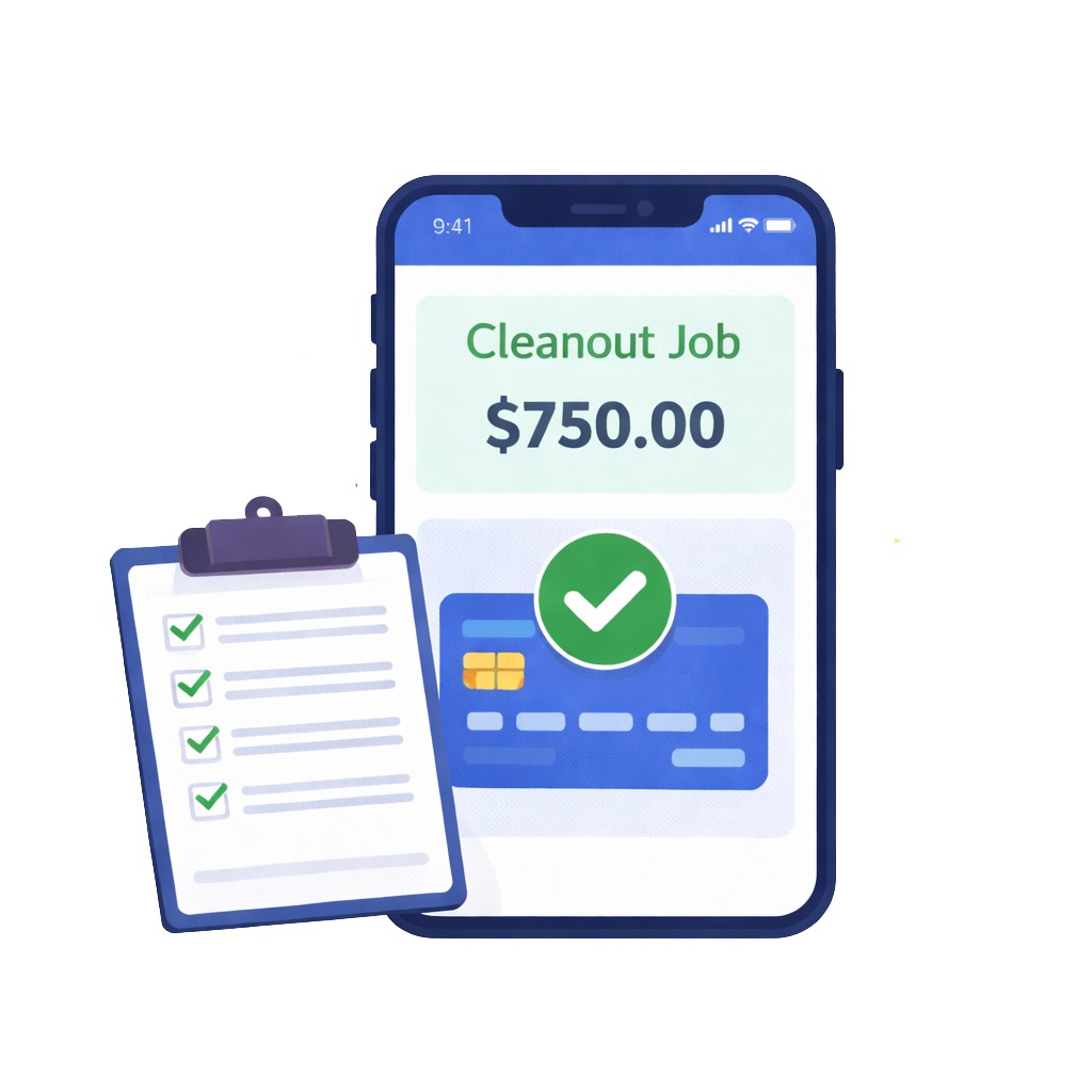 CleanoutHub app showing completed cleanout job and contractor payment confirmation