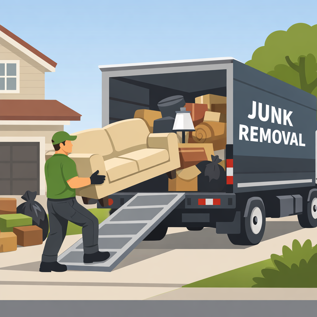 Junk removal hauler loading furniture into truck during residential cleanout